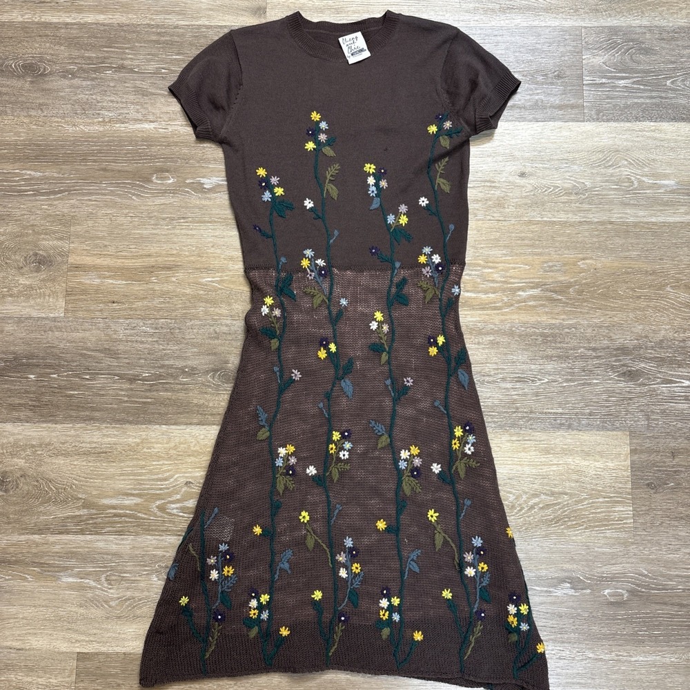 ***FLAWS*** Moschino Cheap & Chic Brown Wool Embroidered Floral Knit Dress XS